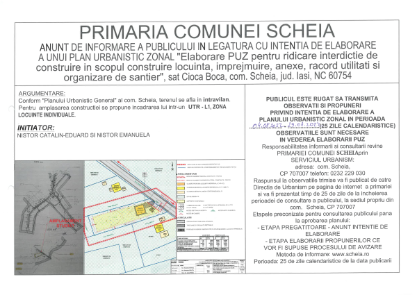 Anunț de informare a publicului în legătură cu intenția de elaborare a unui Plan Urbanistic Zonal