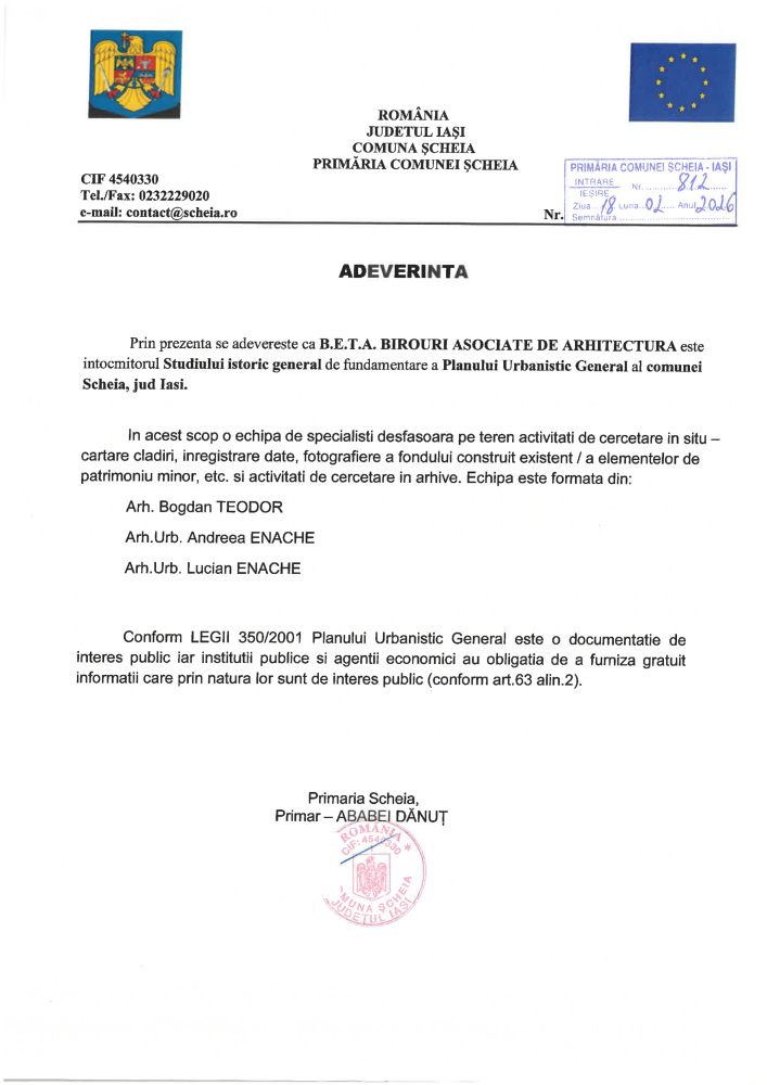 Informații privind Studiul istoric general de fundamentare a Planului Urbanistic General al comunei Șcheia, județul Iași