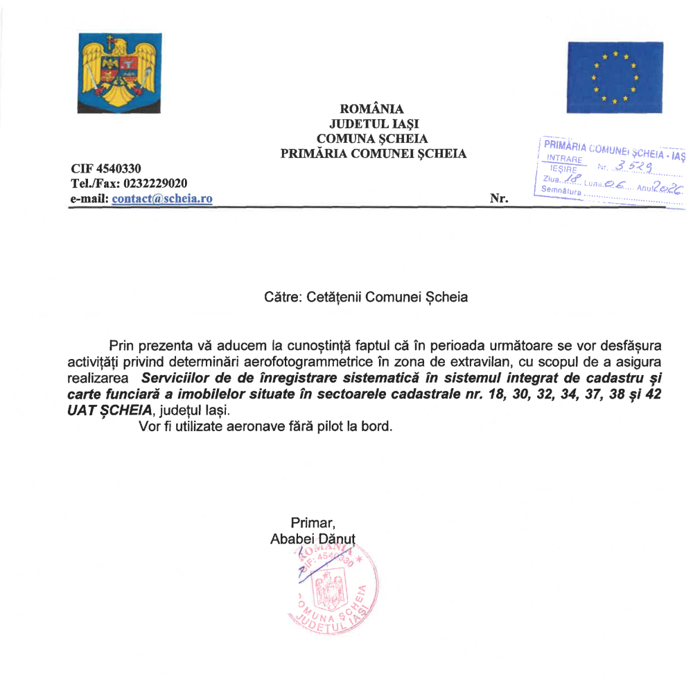 Informare privind efectuare aerofotograme în zone de extravilan în perioada următoare